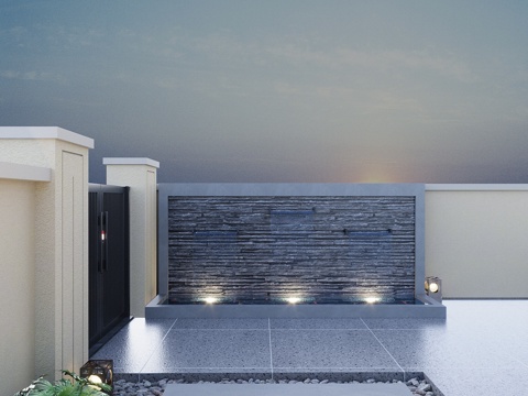  新中式花园 新中式景墙 流水景墙 石材仿古景观墙 砾石石子汀3d模型 