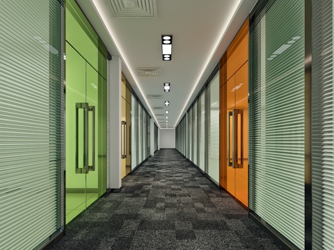  现代简约走廊过道彩色玻璃玻璃高隔3d模型 