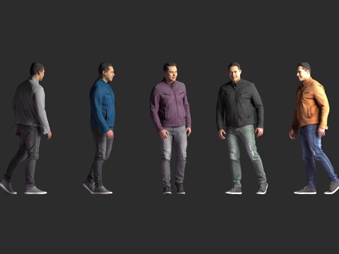  现代男性 休闲夹克 行走站姿 牛仔裤 运动鞋 多色外套 写实3d模型 