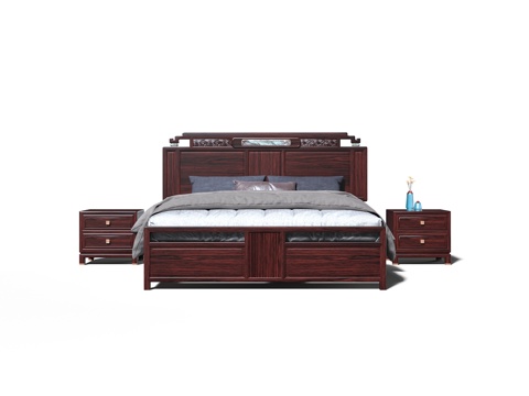  新中式宋式美学红木大床3d模型 