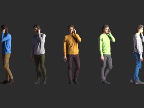  白人男性 休闲装 多色长袖上衣 长裤 打电话 站姿 侧身姿态3d模型 
