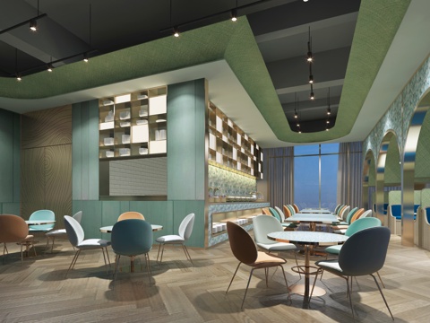  现代自助餐厅 餐桌椅组合 餐椅 卡座 餐桌 置物架3d模型 