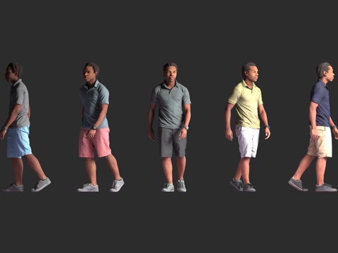 黑人男性 休闲装 多色 POLO 衫 短裤 运动鞋 行走姿态3d模型 