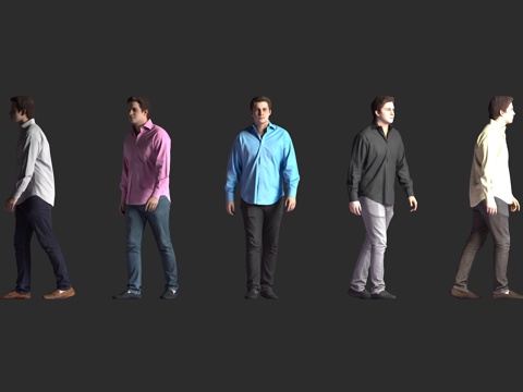  白人男性 长袖衬衫 休闲长裤 行走站姿 多色穿搭 皮鞋 写实3d模型 