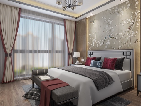  新中式主卧室3d模型 