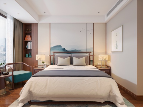  新中式现代新中式主卧室新中式床新中式休闲椅3d模型 