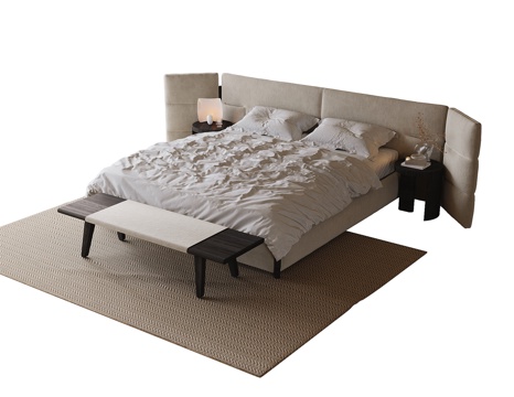 现代双人床 床尾凳 床头柜su模型