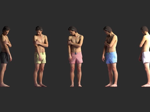 白人男性 休闲场景 赤裸上身 多色短裤 擦拭身体 站姿赤脚3d模型 