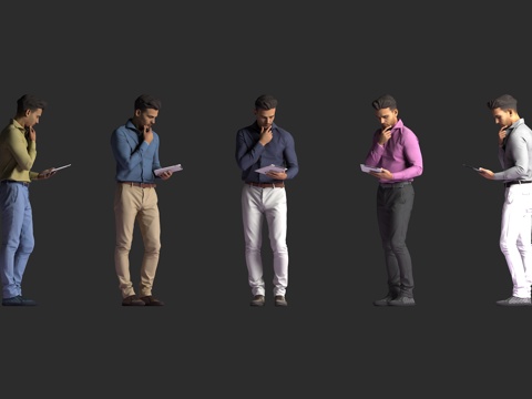  白人男性 商务休闲装 彩色衬衫 西裤 手持文件 思考姿势 站3d模型 