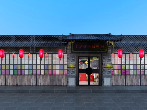  中式复古工业风餐厅门头外立面3d模型 