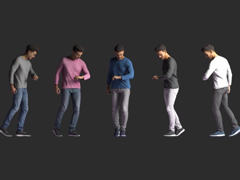  白人男性 休闲装 彩色毛衣 牛仔裤 运动鞋 看手表 行走姿势3d模型 