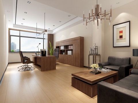  现代办公室办公桌 书柜办公沙发3d模型 