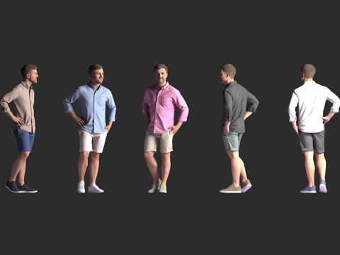  休闲男性 长袖衬衫 短裤 双手叉腰 站姿 多色上衣 休闲鞋3d模型 