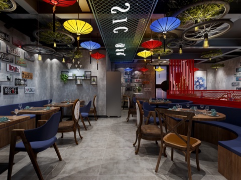  工业风复古工业风餐厅3d模型 