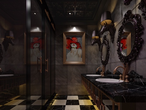  欧式古典KTV卫生间 镜面 挂画 吸手台 马头灯3d模型 