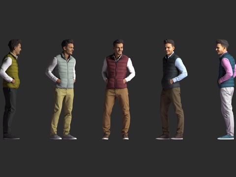  白人男性 休闲商务装 羽绒马甲 衬衫 休闲裤 双手插兜 站姿3d模型 