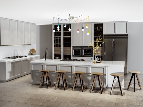  北欧现代开放式厨房吧台台椅冰箱吊灯3d模型 