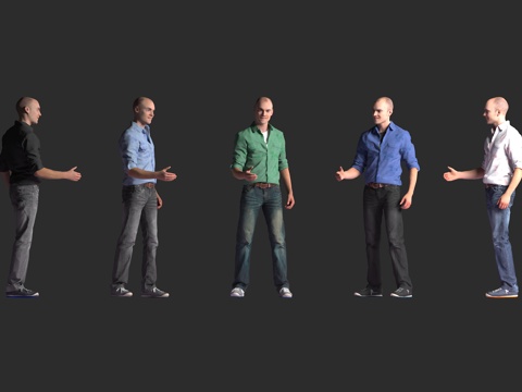  白人男性 休闲装扮 多色衬衫 牛仔裤 伸手动作 握手站姿 多3d模型 