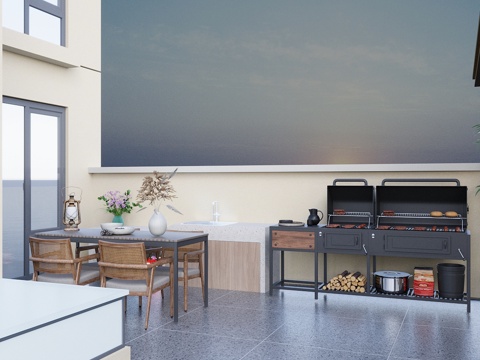  新中式花园 户外餐桌椅 户外厨房 洗手池 烧烤台 烤箱 烧烤3d模型 