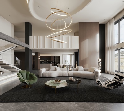  现代轻奢别墅客餐厅 意式轻奢别墅客餐厅 挑空别墅客餐厅3d模型 