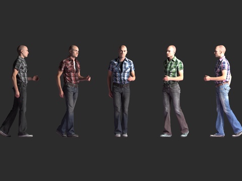  白人男性 休闲装 多色格子衬衫 牛仔裤 运动鞋 行走姿态 侧3d模型 