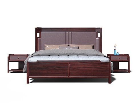  新中式宋式美学红木大床3d模型 