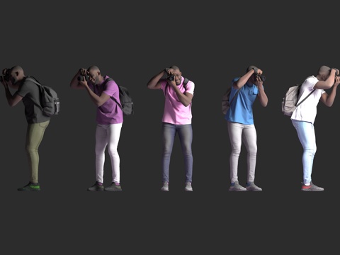  男性摄影师 手持相机 拍照姿态 多色 T 恤 休闲长裤 双肩3d模型 