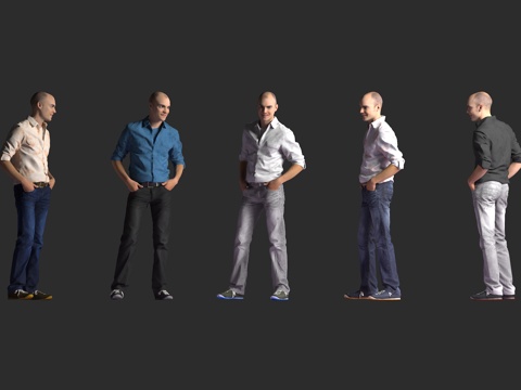  白人男性 休闲装 多色衬衫 牛仔裤 双手插兜 站姿 多角度3d模型 
