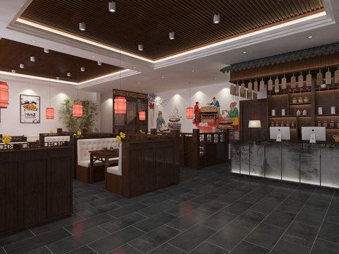  中式徽派餐厅 中式餐厅 餐厅前台 餐厅卡座 餐厅手绘3d模型 