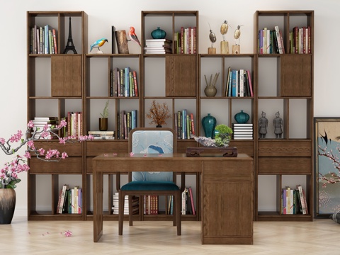  新中式书柜书桌饰品摆件组合3d模型 