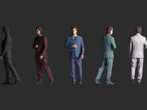  白人男性 商务职员 多色西装 手持文件夹 行走站姿 正装皮鞋3d模型 