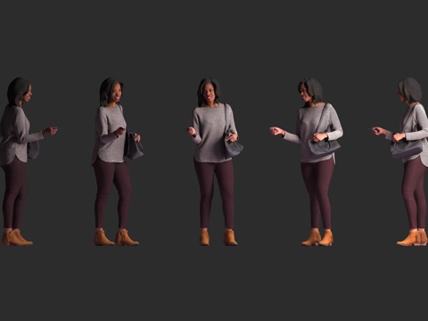 黑人女性 休闲装 灰色毛衣 酒红色紧身裤 棕色短靴 手持手机3d模型 