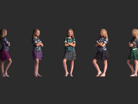  白人女孩 休闲装 印花上衣 层叠短裙 凉鞋 抱臂姿势 站姿3d模型 