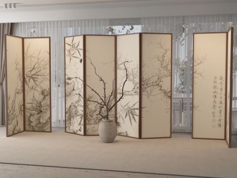 新中式屏风隔断su模型 