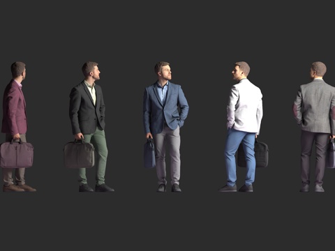  商务男性 正装西装 手提公文包 站姿 多色外套 休闲西裤 皮3d模型 