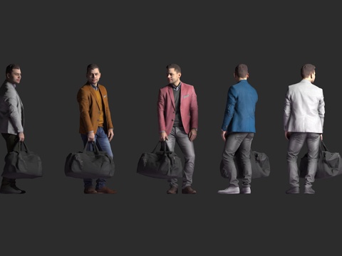  商务男性 休闲西装 手提旅行包 站姿 多色外套 牛仔裤 皮鞋3d模型 