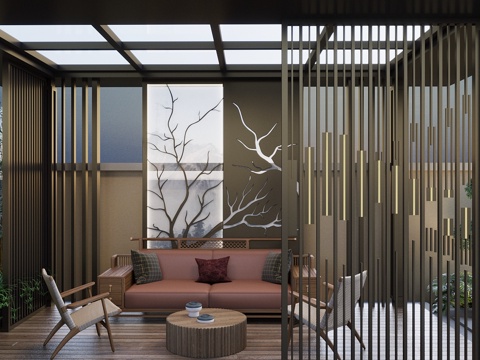  新中式花园 铝合金凉亭 阳光房 休闲亭 休闲沙发 多人 单人3d模型 