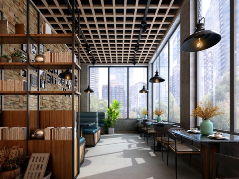  工业风咖啡店 卡座 素水泥 吧台 白墙 工业吊灯 木栅顶3d模型 