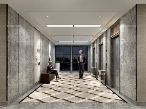  现代电梯间人 植物座椅3d模型 