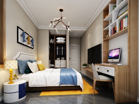  现代 卧室 双人床 床头柜 凳子 衣柜 吊灯 台灯 挂画3d模型 