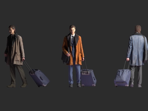  白人男性 商务旅人 长款大衣 西装内搭 行李箱 单肩包 行走3d模型 