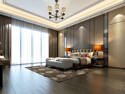  现代 卧室 双人床 床头柜 凳子 衣柜 吊灯 台灯 挂画3d模型 