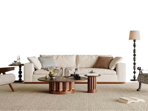 中古风沙发茶几组合 客厅沙发 中古风休闲椅 落地灯 茶几su模型