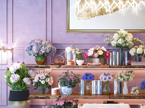  简欧花卉植物花草花店玫瑰花盆栽轻奢吊灯绿植3d模型 