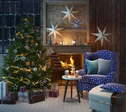  美式圣诞节装饰品北欧装饰品欧式沙发椅子壁炉圣诞树礼品盒3d模型 