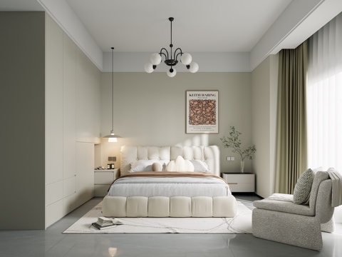  卧室 奶油风卧室 床 单椅 吊灯3d模型 