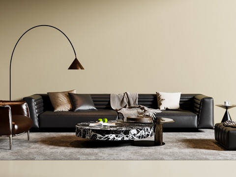 现代意式沙发茶几组合 多人沙发 懒人沙发 落地灯 地毯su模型