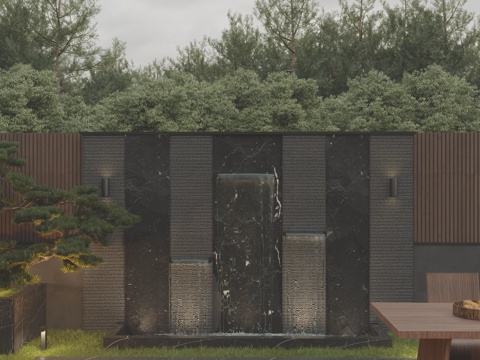  现代暗黑系风格 庭院花园 流水景墙 围墙景墙 叠水景墙组合3d模型 