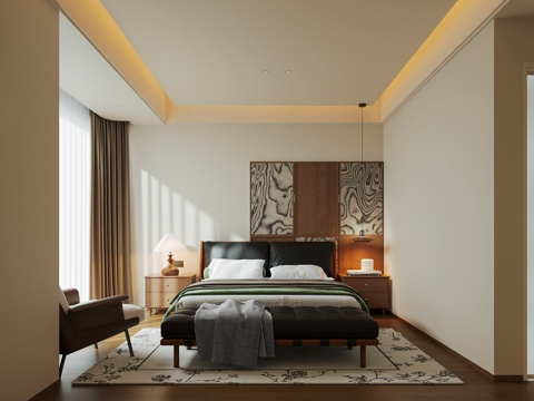  卧室 奶油风卧室 中古卧室 床具 吊灯3d模型 