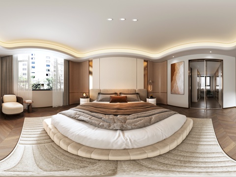  现代轻奢主卧室 电视柜  单人座椅   衣帽间  卧室全景图 